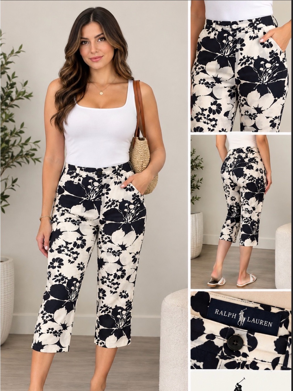 Ralph Lauren White Pants with Black Floral Print